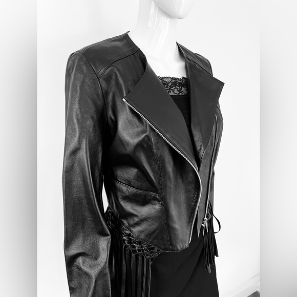 New Soft Black real Lamb leather Biker jacket Long leather tassels EUR 38 US 6-8 - Picture 5 of 16